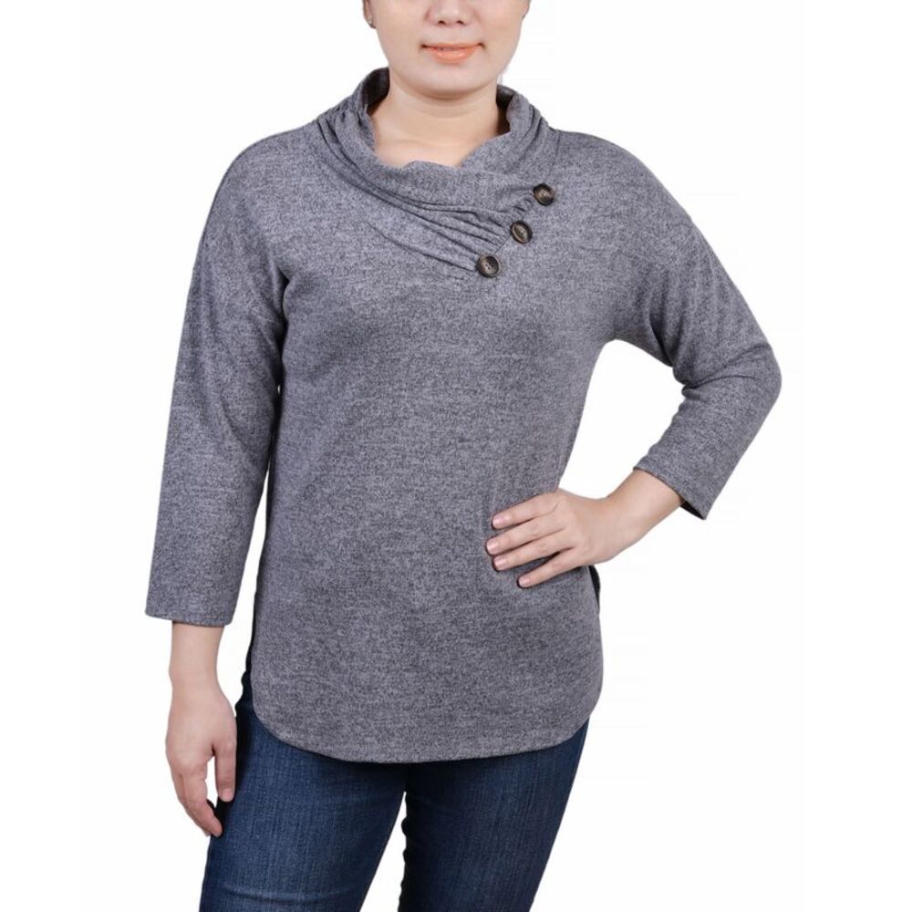 NY Collection Petite 3/4 Sleeve Crossover Cowl Neck Top